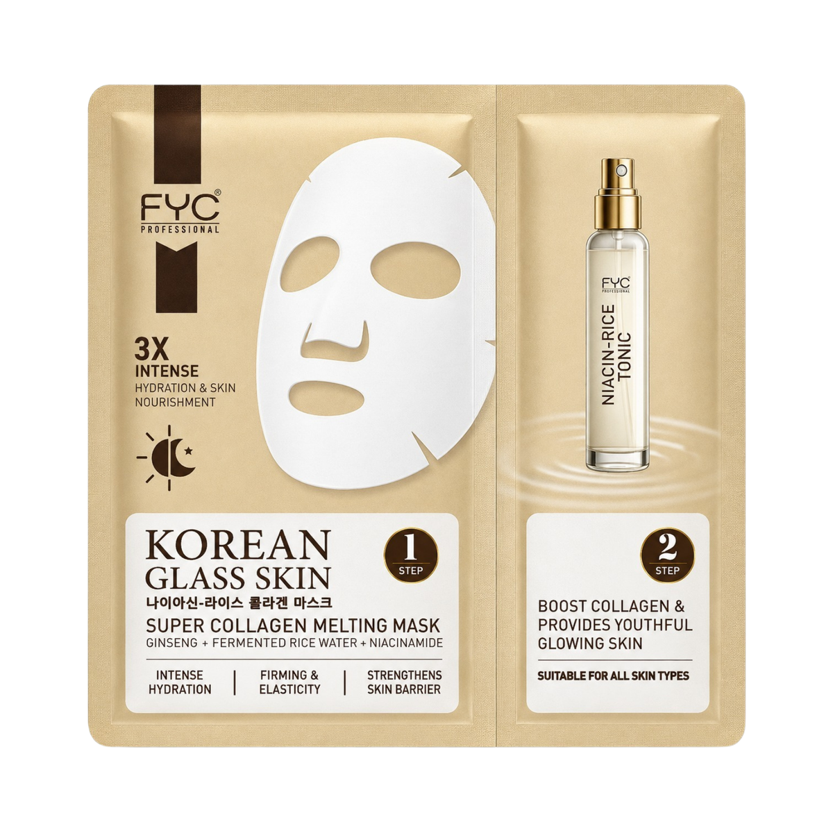 FYC Professional Korean Glass Skin Super Collagen Melting Sheet Mask with Tonic, Niacinamide, Fermented Rice Water & Ginseng, Hydrating Face Mask for Radiant-Looking Skin, 1 Mask + 10 ml Tonic