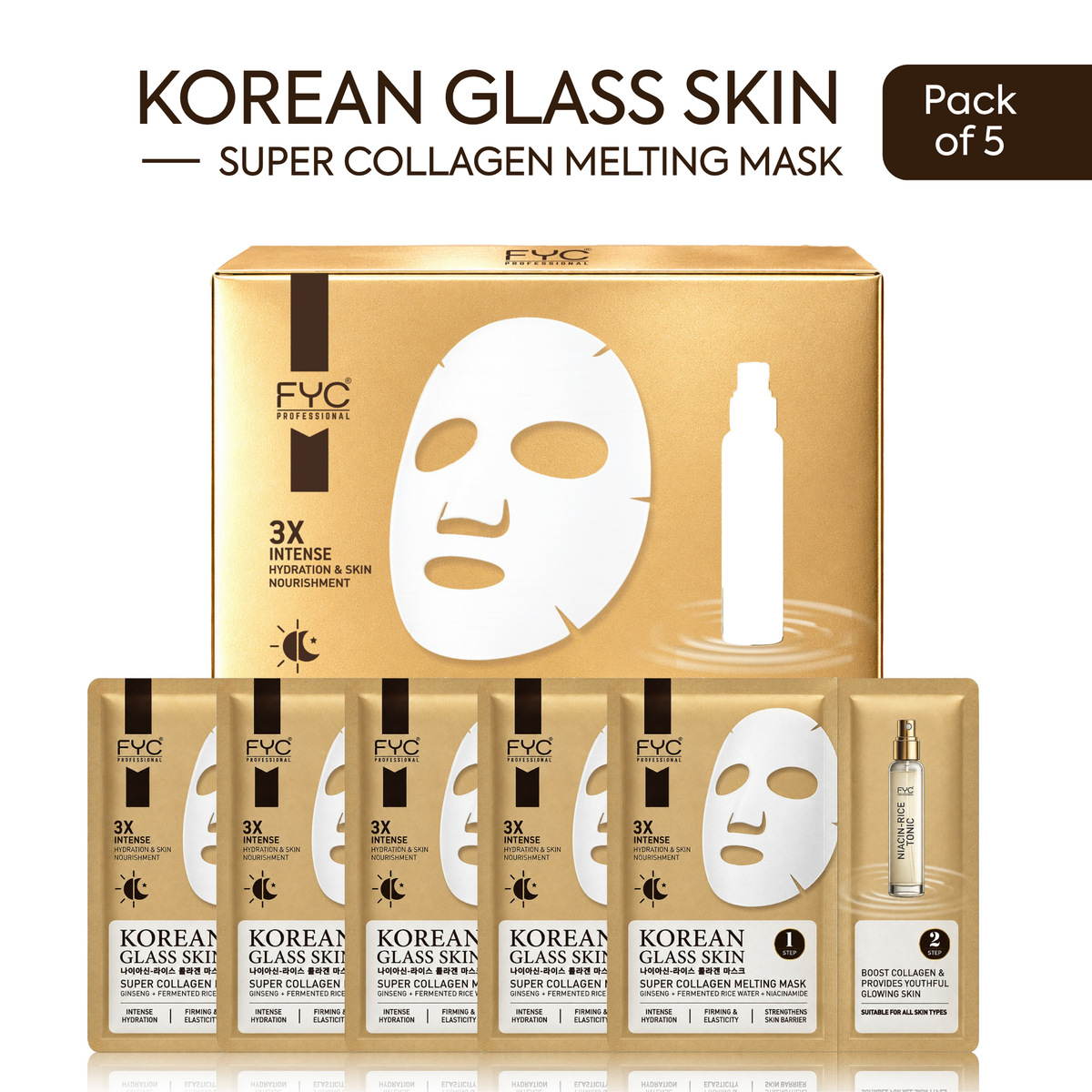 FYC Professional Korean Glass Skin Super Collagen Melting Mask & Tonic – Pack of 5