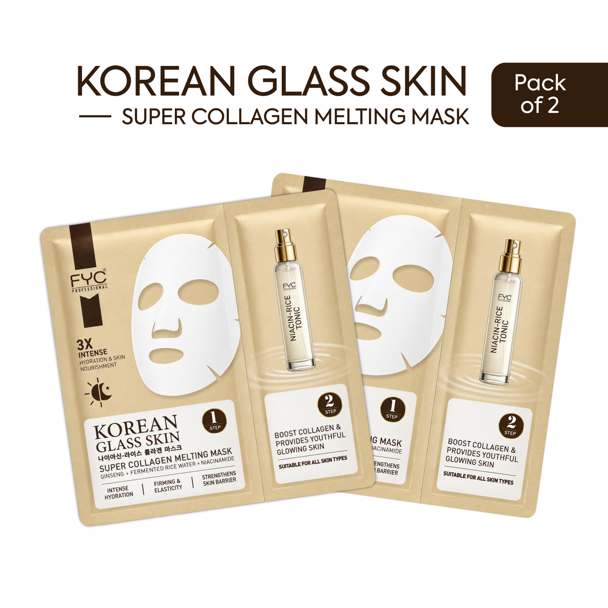 FYC Professional Korean Glass Skin Super Collagen Melting Sheet Mask Pack of 2 (2 Masks + 20 ml Tonic)